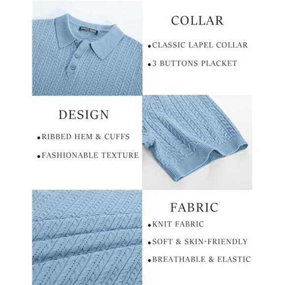 Mens Knit Polo Shirt Short Sleeve Hollow Out Knit Shirt Texture - Picture 5 of 5